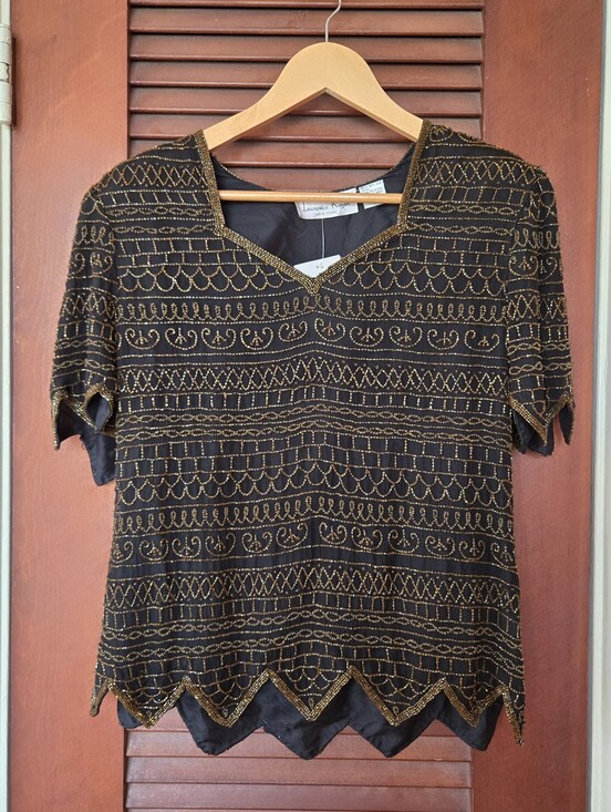 Laurence Kazar Tops - NWT Vintage Laurence Kazar Black Silk Amber Orange Bead Top S